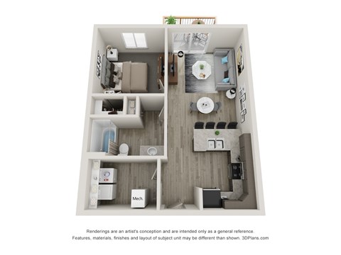 A 3D floor plan of a small apartment with a kitchen, living room, and bathroom.